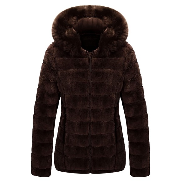 Brown Double Sided Faux Fur Puffer Jacket Hooded-Fur - Picture 1 of 6
